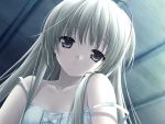  bare_shoulders bow camisole close close-up face flat_chest game_cg grey_eyes haruka_na_sora hashimoto_takashi head_tilt highres kasugano_sora light_smile lingerie long_hair looking_at_viewer solo strap_slip underwear very_long_hair wallpaper white_hair yosuga_no_sora 