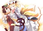  2girls animal_ears blonde_hair blush brown_eyes brown_hair cat_ears cat_tail chachi_(azuzu) chen closed_eyes fox_ears fox_tail hat holding_hands multiple_girls multiple_tails open_mouth short_hair smile tabard tail touhou wink yakumo_ran 