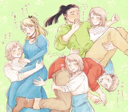  2boys 2girls :d blonde_hair blue_dress blush boots brown_boots brown_pants carrying carrying_over_shoulder closed_eyes closed_mouth dress dungeon_meshi falin_touden falin_touden_(tallman) fang full-face_blush green_background green_shirt highres juliet_sleeves laios_touden long_sleeves marcille_donato moku12moku06 multiple_boys multiple_girls pants princess_carry puffy_sleeves red_shirt shirt shurou smile strong surprised 