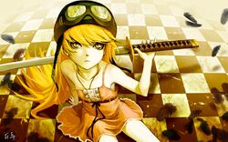  1girl bakemonogatari bare_shoulders blonde_hair checkered checkered_floor dress feathers g_scream goggles helmet highres katana long_hair looking_at_viewer monogatari_(series) oshino_shinobu sitting solo strap_slip sword very_long_hair wallpaper weapon yellow_eyes 