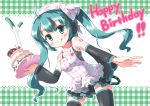  1girl :q ahoge apron aqua_hair bad_id birthday blush cake candle detached_sleeves food fruit green_eyes hatsune_miku long_hair morujii pastry skirt solo spring_onion strawberry thighhighs tongue twintails vocaloid 