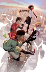  2boys 2girls bird black_bodysuit black_hair black_pantyhose blonde_hair bodysuit brown_hair city closed_eyes cup day disposable_cup eating ejikure food green_jacket grey_shorts highres holding holding_cup holding_food jacket marvel mask miles_morales mouth_mask multiple_boys multiple_girls open_mouth outdoors pantyhose peter_parker red_mask shoes short_hair shorts silk_(marvel) sneakers spider-gwen spider-man spider-man_(series) superhero_costume two-tone_bodysuit white_bodysuit 