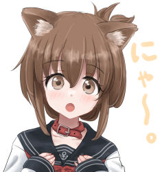  1girl animal_collar animal_ears black_sailor_collar brown_eyes brown_hair cat_day cat_ears collar commentary_request folded_ponytail inazuma_(kancolle) kantai_collection kitagawa_mikio long_hair neckerchief open_mouth red_neckerchief sailor_collar sailor_shirt school_uniform serafuku shirt solo upper_body white_shirt 