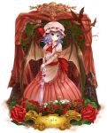  arudehido bad_id bat_wings elbow_gloves flower gloves hat highres leaf pointy_ears purple_hair red_eyes red_rose remilia_scarlet rose short_hair solo touhou umbrella white_rose wings 