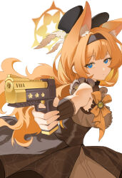  1girl aiming animal_ear_fluff animal_ears bare_shoulders black_dress black_hairband black_hat blue_archive blue_eyes cat_ears cat_girl closed_mouth desert_eagle dress extra_ears from_side gun hair_between_eyes hairband handgun hat hat_feather highres holding holding_gun holding_weapon idol long_hair looking_at_viewer mari_(blue_archive) mari_(idol)_(blue_archive) orange_hair ribbon shadow117 sidelocks top_hat weapon wrist_cuffs yellow_ribbon 