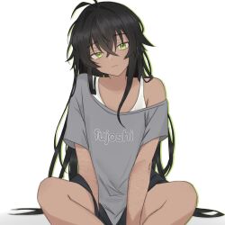  1girl black_hair black_shorts blksrw bra bra_peek dark-skinned_female dark_skin degrees_of_lewdity green_eyes grey_shirt kylar_(degrees_of_lewdity) kylar_(female)_(degrees_of_lewdity) long_hair looking_at_viewer scar scar_on_arm shirt short_shorts short_sleeves shorts simple_background sitting solo underwear white_background white_bra 
