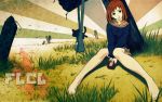  barefoot bird brown_eyes canti cat feet flcl fooly_cooly furi_kuri grass highres long_hair miniskirt outdoors plaid plaid_skirt red_hair robot samejima_mamimi scan school_uniform seifuku short_hair sitting skirt sky takkun uniform video_game wallpaper 