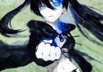  bikini_top black_hair black_rock_shooter black_rock_shooter_(character) blue_eyes bust clenched_hand fist flat_chest foreshortening glowing glowing_eyes hands jacket long_hair looking_at_viewer navel open_jacket pale_skin solo takekono twintails uneven_twintails 