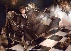  1boy absurdres belt belt_buckle black_belt black_hat black_jacket black_necktie black_pants black_shoes black_socks blazer blonde_hair blue_eyes book buckle buttons chandelier chess_piece chessboard collared_jacket collared_shirt crossed_ankles dress_pants dress_shoes full_body hair_between_eyes hand_on_headwear hat high_belt highres holding holding_key indoors jacket key lapels living_room loen_(shining_nikki) long_sleeves male_focus military_hat military_uniform necktie nikki_(series) notched_lapels on_chair open_book open_mouth oversized_object pants peaked_cap shining_nikki shirt shoes short_hair sitting smile socks solo stars_zhangzhang teeth watermark weibo_watermark white_shirt window 