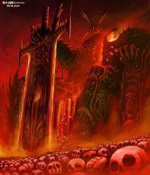  2025 2others absurdres armor artist_name artstation_logo chaos_(warhammer) claws commentary daemon_prince demon demon_horns demon_tail demon_wings deviantart_logo english_commentary english_text extra_eyes facebook_logo faceless fire flaming_sword flaming_weapon flying full_body giant glowing_mouth highres holding holding_sword holding_weapon horns instagram_logo khorne lava multiple_others niellustrate open_mouth ornate_weapon pile_of_skulls planted planted_sword red_eyes red_light screaming sitting_on_throne skull skull_ornament smoke spiked_armor sword tail throne twitter_logo warhammer_40k weapon wings 
