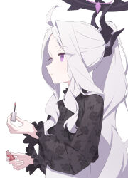  ahoge black_halo blue_archive blush breasts commentary_request demon_girl demon_horns halo highres hina_(blue_archive) holding horns long_hair looking_to_the_side mikan_battery ponytail simple_background small_breasts upper_body violet_eyes white_background white_hair 