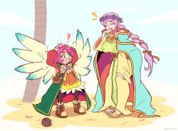  ! 2girls ^_^ alternate_costume arms_up bag bandaid bandaid_on_head boots braid braided_ponytail breasts brown_boots closed_eyes coat coconut commission crossed_bandaids dragon_tail dress facial_mark fae_(fire_emblem) fire_emblem fire_emblem:_the_binding_blade fire_emblem_heroes floating floating_object forehead_mark full_body green_coat green_eyes green_tabard hand_on_own_knee hand_to_own_mouth head_bump head_wreath highres hooded_robe idunn_(divine_demon)_(fire_emblem) idunn_(fire_emblem) large_breasts laughing leaning_forward light_persona long_hair long_sleeves low_ponytail multiple_girls notice_lines official_alternate_costume official_alternate_hairstyle open_mouth orange_dress palm_tree pink_hair pointy_ears ponytail purple_hair quarium robe sand satchel short_dress short_hair sleeveless_duster smile solo standing tabard tail tree wings 