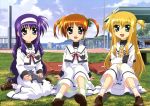  absurdres alisa_bannings arisa_bannings blonde_hair blue_eyes bow brown_hair cat cloud ferret grass green_eyes highres long_hair mahou_shoujo_lyrical_nanoha multiple_girls nyantype open_mouth purple_eyes purple_hair school_uniform seifuku short_hair sitting sky socks takamachi_nanoha tsukimura_suzuka twintails very_long_hair yuuno_scrya 