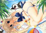  ball beach beachball bikini bird blonde_hair blue_eyes bracelet breasts checkered checkered_bikini chocolate cleavage front-tie_top fujima_takuya hair_bobbles hair_ornament highres huge_filesize jewelry lying on_side open_mouth penguin polka_dot polka_dot_bikini polka_dot_swimsuit sandals scan smile swimsuit thigh_strap twintails water 
