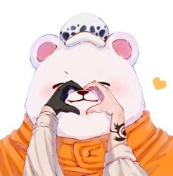  2boys animal_ears bear bear_boy bear_ears bepo blush closed_mouth commentary_request furry furry_male hand_on_another&#039;s_mouth hat heart heart_hands highres kswmt3 looking_at_viewer male_focus multiple_boys one_piece orange_shirt plump polar_bear shirt trafalgar_law white_background white_fur white_hat 