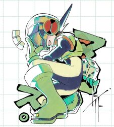  1boy armor black_bodysuit black_hair bodysuit covered_eyes dice double_soul_(mega_man) full_body green_armor helmet helmet_over_eyes holding holding_dice male_focus mega_man_(series) mega_man_battle_network_(series) megaman.exe numberman.exe simple_background solo spiky_hair to_i_to_io v white_background 