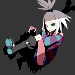  1girl blue_eyes boots commentary_request electric_guitar expressionless forehead full_body grey_background guitar hair_bobbles hair_ornament highres instrument looking_to_the_side neck_o pokemon pokemon_bw2 roxie_(pokemon) shirt solo striped_clothes striped_shirt topknot white_hair 