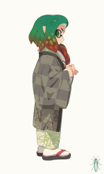  1girl absurdres black_shoes checkered_haori closed_mouth commentary_request full_body gradient_hair green_eyes green_hair green_kimono grey_haori haori highres inkling inkling_girl inkling_player_character japanese_clothes kimono long_hair long_sleeves looking_at_viewer multicolored_hair orange_eyes orange_hair pointy_ears print_kimono profile sandals shoes sideways_glance solo splatoon_(series) standing surume01417 tabi tentacle_hair two-tone_eyes two-tone_hair white_background wide_sleeves zouri 