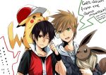  /\/\/\ 2boys angry bad_id baseball_cap black_hair brown_hair clothed_pokemon eevee english green_eyes hat hat_removed headwear_removed jewelry male multiple_boys necklace obo ookido_green ookido_green_(hgss) pikachu pokemon pokemon_(creature) pokemon_(game) pokemon_gsc pokemon_rgby red_(pokemon) red_(pokemon)_(classic) red_(pokemon)_(cosplay) sweatdrop wink 