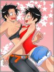  belt black_hair breast_press breasts brown_eyes brown_hair cleavage freckles genderswap hotpants luffyko midriff minsara monkey_d_luffy multiple_girls navel one_piece portgas_d_ace portgas_d_anne scar short_hair short_shorts shorts siblings sisters star surprise surprised symmetrical_docking 