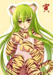 animal_ears bell blush c.c. cc code_geass gloves green_hair jingle_bell kemonomimi_mode long_hair meimi paw_gloves solo tail tiger tiger_ears tiger_print tiger_tail yellow_eyes 