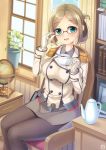  1girl book breasts buttons chair commentary_request curtains desk epaulettes folded_ponytail glasses gloves green_eyes highres indoors kantai_collection katori_(kantai_collection) large_breasts long_hair long_sleeves looking_at_viewer military military_uniform pantyhose plant sitting smile solo sunlight table umitonakai uniform white_gloves window 