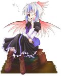  book boots dress gr_(artist) head_wings headwings highres horns multicolored_hair red_eyes short_hair sitting solo tokiko_(touhou) touhou transparent_background wings wink 