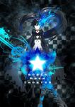  black_hair black_rock_shooter black_rock_shooter_(character) blue_eyes glowing glowing_eyes long_hair maximum_show midriff navel pale_skin ranguage scar shorts solo star twintails uneven_twintails very_long_hair 
