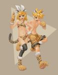  1boy 1girl blonde_hair breasts fang hand_on_hip highres kagamine_len kagamine_rin male new_year paws shorts siblings swimsuit thighhighs tiger_paws twins underboob urushizawa_takayuki vocaloid wink 