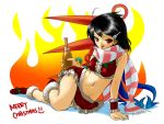  :p arm_support asymmetrical_wings black_hair boots christmas crop_top hair_ornament hairclip highres houjuu_nue legs lying midriff navel on_side red_eyes santa_costume scarf sdmaiden short_hair solo tongue touhou wings wrist_cuffs 