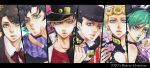  az_y bad_id black_hair blonde_hair column_lineup double_bun flower giorno_giovanna green_eyes green_hair green_lipstick hat higashikata_jousuke jojo&#039;s_bizarre_adventure jojo_no_kimyou_na_bouken jonathan_joestar joseph_joestar joseph_joestar_(young) kujo_jolyne kujo_jotaro kuujou_jolyne kuujou_joutarou lipstick male multicolored_hair ribbon roman_numerals scarf simple_background tattoo 