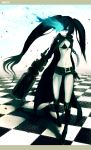  black_hair black_rock_shooter black_rock_shooter_(character) blue_eyes bra chains checkered girl glowing_eye gun jacket shorts twintails 