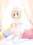  blue_eyes bow curtains garter_belt hair_bow lingerie morning navel original p19 panties pillow solo thigh-highs thighhighs underwear white_legwear white_thighhighs window 