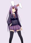  animal_ears black_legwear black_thighhighs blazer bullet bunny_ears hand_on_hip highres long_hair necktie purple_hair rabbit_ears red_eyes reisen_udongein_inaba simple_background skirt solo thigh-highs thighhighs touhou zettai_ryouiki 