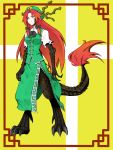  braid chankodining chankodining_waka china_dress chinese_clothes claws dragon_girl dragon_tail ex-meiling green_eyes hat highres hong_meiling horns long_hair monster_girl red_hair redhead solo tail touhou twin_braids 