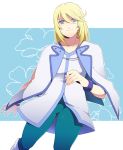  blonde_hair blue_background blue_eyes bracelet eterno jewelry male mithos_yggdrasill smile solo tales_of_(series) tales_of_symphonia 