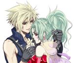  1girl alternate_color alternate_costume asu_(asoras) asu_(pixiv) blonde_hair blue_eyes blush cloud_strife couple dissidia_final_fantasy earrings final_fantasy final_fantasy_vi final_fantasy_vii flower green_eyes green_hair jewelry tina_branford 