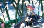  bamboo_forest butterfly cloud erhu forest grass hat instrument japanese_clothes katou_taira kneeling mountain nature pink_hair red_eyes saigyouji_yuyuko scenery short_hair sky solo thigh-highs thighhighs touhou 