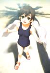  brown_eyes fujioka_haruhi looking_up one-piece_swimsuit ouran_high_school_host_club palm_tree sandals school_swimsuit shadow short_hair solo soshina_nohito swimsuit towel tree 