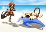  &gt;_&lt; 2girls :3 absurdres anchor animal_ears beach blazblue boots brown_hair cat_ears cat_tail clouds crying dolphin eating fingerless_gloves gloves guilty_gear hat heart highres hooded_jacket may_(guilty_gear) multiple_girls ocean orange_eyes pirate_hat red_eyes sand skull_and_crossbones tail taokaka weapon x3 