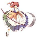  &gt;:) absurdres breasts cleavage dress hair_bobbles hair_ornament highres ju-zika large_breasts no_bra onozuka_komachi red_eyes red_hair redhead scythe short_hair smile solo tabi tareme touhou transparent_background twintails 