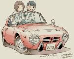  2girls blush car motor_vehicle multiple_girls original school_uniform sekihan serafuku smile toyota_sports_800 vehicle 
