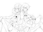  1boy 1girl back-to-back back_to_back bad_id chikorita couple cyndaquil flipped_hair hat hat_ribbon highres hug kotone_(pokemon) lineart monochrome no_fire obo open_mouth pokemon pokemon_(creature) pokemon_(game) pokemon_gsc ribbon silver_(pokemon) silver_(pokemon)_(remake) simple_background smile thigh-highs thighhighs totodile white white_background white_eyes white_hair white_legwear white_ribbon white_skin 