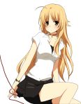  ahoge blonde_hair blouse blush bracelet brown_eyes canaan choker jewelry kurot long_hair oosawa_maria red_string shorts simple_background sitting solo thread 