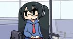  backpack bag bespectacled black_hair book chan_co chibi glasses green_eyes green_hair hatsune_miku long_hair necktie sitting solo twintails vocaloid 