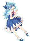  blue_eyes blue_hair bow cirno cyoko hair_bow mary_janes shoes short_hair solo touhou transparent_background wings 