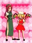 bad_id blonde_hair blue_eyes braid china_dress chinese_clothes directional_arrow flandre_scarlet hands_on_hips hat hong_meiling long_hair ponytail red_eyes red_hair redhead short_hair side_ponytail side_slit smile standing touhou twin_braids vampire wings 