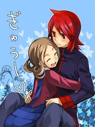  1boy 1girl ahoge bad_id blush brown_hair closed_eyes couple feraligatr happy heart hetero hug kotone_(pokemon) obo open_mouth overalls pokemon pokemon_(game) pokemon_gsc red_eyes red_hair redhead silver_(pokemon) silver_(pokemon)_(remake) typhlosion 