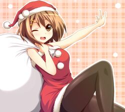  brown_eyes brown_hair christmas dansa hat hirasawa_yui k-on! open_mouth outstretched_arm pantyhose plaid plaid_background sack santa_costume santa_hat short_hair sleeveless smile solo tartan wink 