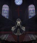  bow church cross curtsey dress flower gothic_lolita hair_ornament hairband highres lolita_fashion long_hair ribbon rose rozen_maiden silver_hair solo stained_glass suigintou wings 